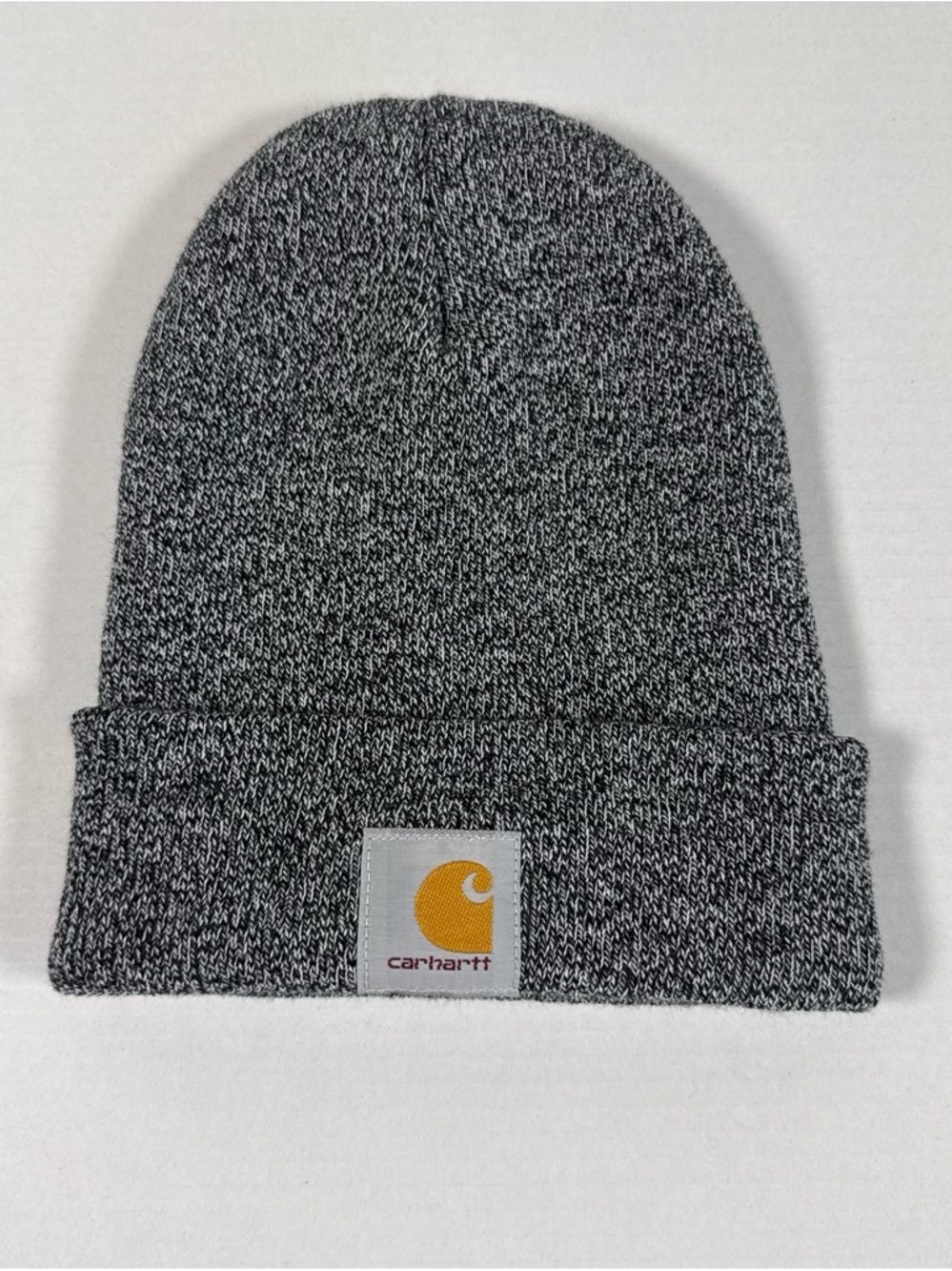 Carhartt Marled Gray Knit Cuffed Beanie with Gold Logo Patch